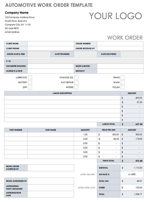 Download Vehicle Work Order Template for Free FormTemplate