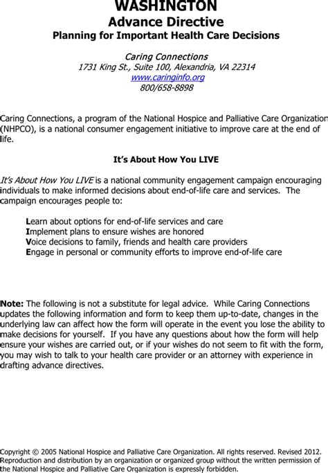 Download Washington Advance Directive for Free FormTemplate