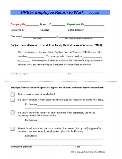Download return to work form 04 Return to work, Return to work form