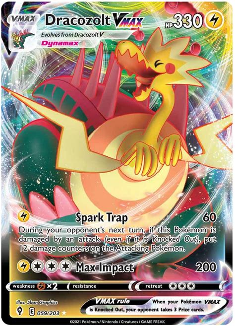 Dracozolt VMAX - Lightning ... 330 HP Pokémon - VMAX - Evolves from Dracozolt V. L Spark Trap 60 During your opponent's next turn, if this Pokémon is damaged by an attack (even if it is ... Price History. Buy on TCGplayer $5.10 Buy on Cardmarket €8.07. Decklists that include this card .... 
