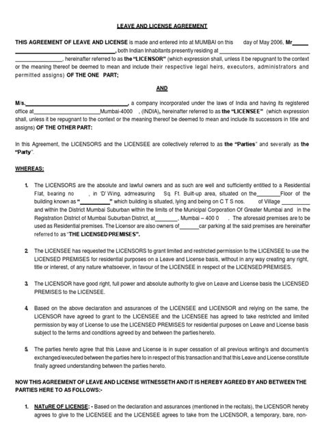 Draft Format of Leave and License Agreement - Corporate Laws