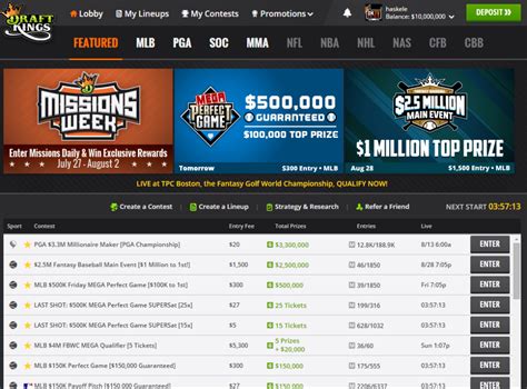 Draftkings lobby. The best place to play daily fantasy sports for cash prizes. Make your first deposit! 
