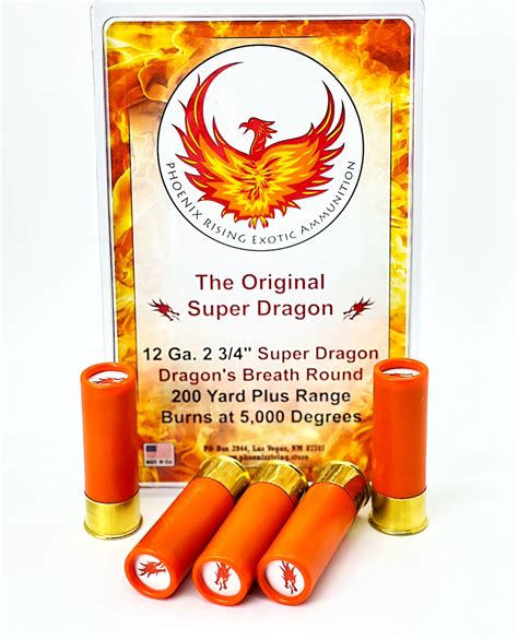 ドラゴンブレス弾（ドラゴンブレスだん、Dragon's breath）は、12ゲージ散弾銃用に設計された焼夷弾である。マグネシウムのペレットが封入されており、発砲時の火花によって着火する。この際の燃焼範囲は銃口からおよそ100フィート程度とされる。通常は12 .... 