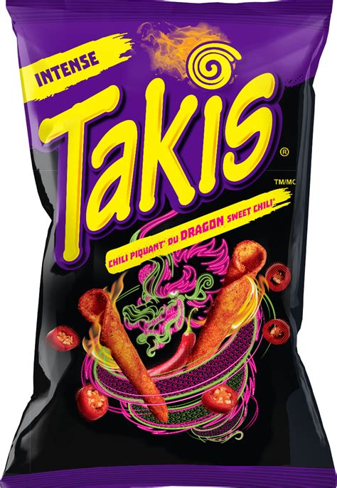 Dragon sweet chili takis. 92.3g. Conquer the dragon with Takis® Dragon Spicy Sweet Chili™ Rolled Tortilla Chips. Each crisp and crunchy bite of the new rolled tortilla chips is filled with spicy sweet chili flavour combination that tingles your taste buds. Hot on the Takis® Heat Meter, these hot and spicy corn chips are sure to thrill true chip lovers. 