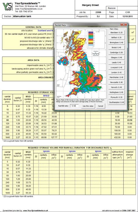 Drainage design spreadsheet.  Allows to calculate volume of required attenu...
