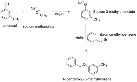 Draw the mechanism for the Williamson ether reaction using mcresol and
