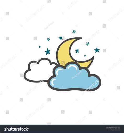 Drawing of a Yellow Moon with Clouds and Stars. Vector Illustration in