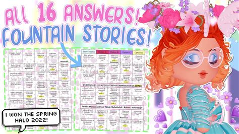 Dream fountain royale high answers. These answers relate to stories you get when wishing at the Fountain of Dreams in Royale High. Each story is randomly given to you and has four different answers to choose from. One answer has a … 