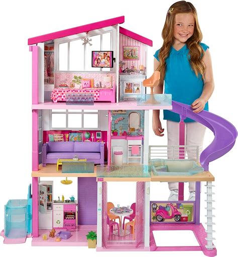 Dream house barbie. The Barbie 60th Celebration DreamHouse Playset features everything kids love about the original DreamHouse, plus new features, a fresh color scheme with glittery finishes, two Barbie dolls and a convertible car. The dreamy dollhouse inspires 360-degree play with three floors and 10 indoor and outdoor living areas. 