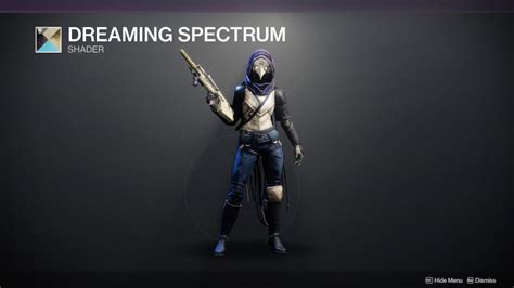 All pieces are with Dreaming Spectrum: Helm - Mask of Bakris. Gloves - Steeplechase Grasps. Chest - Virtuous Vest. Boots - Steeplechase Strides. Class Item - Steeplechase Cloak. Weapon - Dust Rock Blues with Shifting Loyalties ornament. 