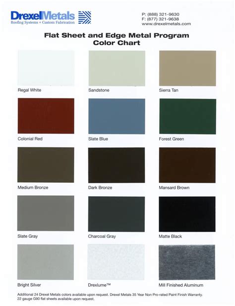 Drexel metals color chart. Download a metal roofing color chart or have us mail you a free metal color sample. Over 100 colors to choose from including standard colors, designer colors and matte metal roofing colors that you will not find elsewhere. Download Color Charts Now interactive color charts. Color Visualizer - Choose A Color And See How It Looks On Your House. 