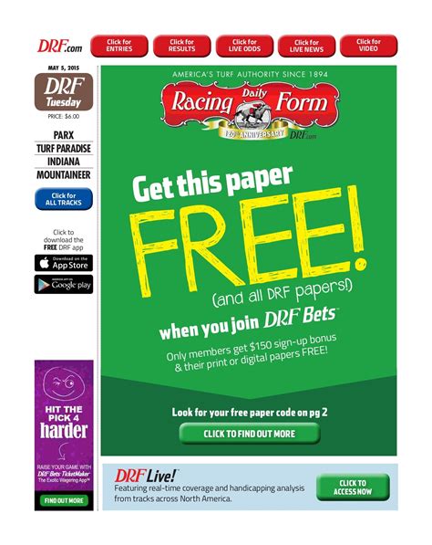 Drf digital paper. Find expert handicapping analysis, video, online horse wagering, breaking news and more. DRF has been giving horseplayers the tools to win big since 1894. 