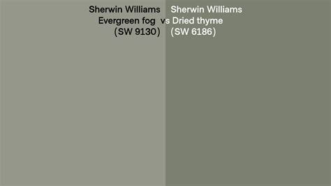 Evergreen fog (SW 9130) vs Thyme Green (420D-6) This color comparison involves two colors that comes from different color collections. The first one is named Evergreen fog and also has a refference code SW 9130 assigned to it. The color chart is named Sherwin-Williams paint colors and it is quite popular among paint manufacturers and color designers. The swatch sample for Evergreen fog (SW .... 