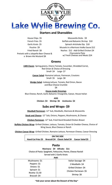 Drift on lake wylie menu. Menu added by users March 29, 2023 Menu added by the restaurant owner July 21, 2022 The restaurant information including the Papa Doc's Shore Club menu items and prices may have been modified … 