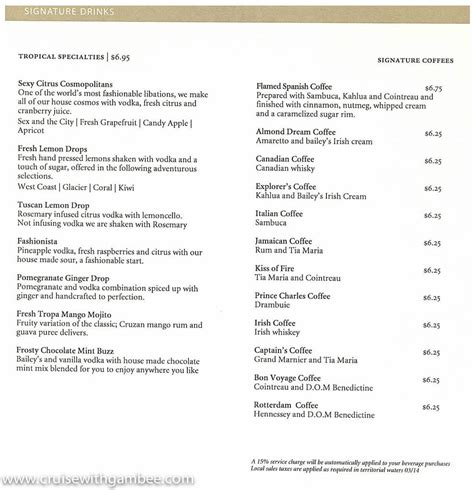 Looking for dining menus on Holland America for 2023? Find all the main dining room, buffet, fast casual, and specialty Holland America restaurant menus updated for 2023 here! ... Icon of the Seas Bar Menus and Drink Prices. February 4, 2024. Princess Ocean Now Beverage Menu 2024. April 25, 2023. Celebrity Bar Menus 2023 .... 