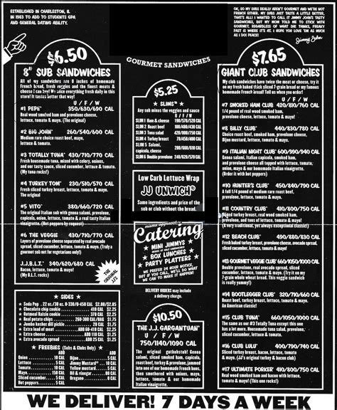 Drinks v Print Menu (497KB PDF) Unwich® Info Nutrition & Allergen Guide 2,000 calories a day is used for general nutrition advice, but calorie needs vary. Additional nutrition information available upon request. JJ's Menu Browse the menu at left and add items to your meal.. 