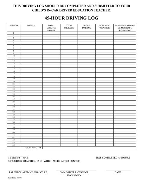Driver Log Sheet Printable