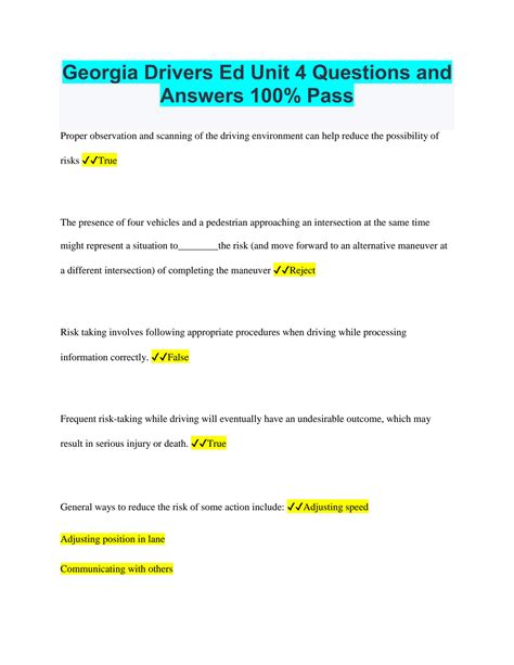 Drivers Ed Unit 4 Test Answers