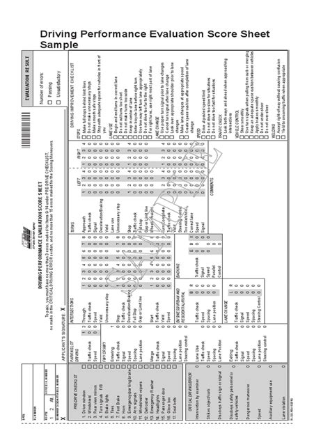 Driving Performance Evaluation Score Sheet Sample PDF
