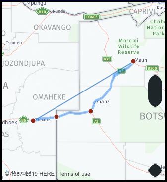 Driving Time from Gobabis, Namibia to Gaborone, Botswana