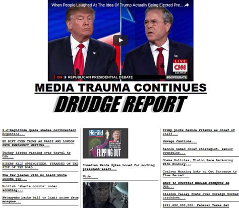 Drudge news today. us news usa today vanity fair variety wall street journal wash examiner wash post latest wash times wrap zerohedge: ... send news tips to drudge. visits to drudge 5/15/2024 21,095,313 past 24 hours 597,222,845 past 31 days 7,009,861,358 past year reference desk. be seen! run ads on drudge report... 