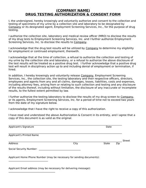 Drug Test Consent Form Printable Consent Form