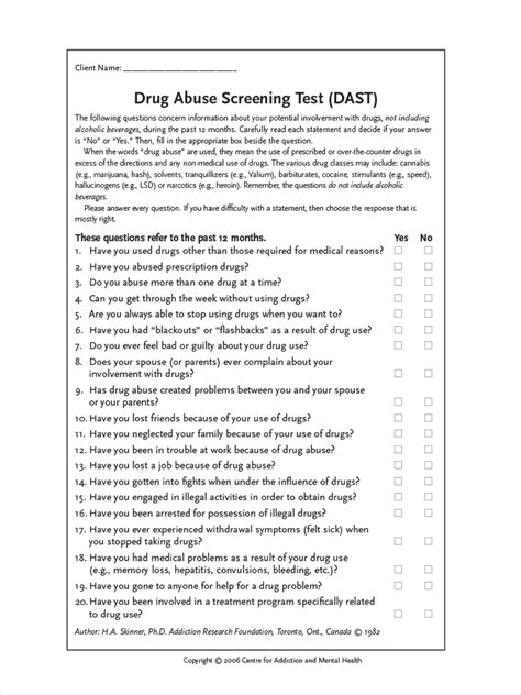 Drug abuse screening test 20. The Drug Abuse Screening Test (DAST) merupakan laporan singkat, mudah untuk dilakukan dimana dalam test ini menyediakan kuantitas dari berbagai macam permasalahan yang berhubungan dengan pemakaian obat-obatan (drugs). ... Level tinggi: 16 – 20 Source : Skinner, H.A – The Drug Abuse Screening Test. Addictive Behavior 7 : 363 – 371 … 