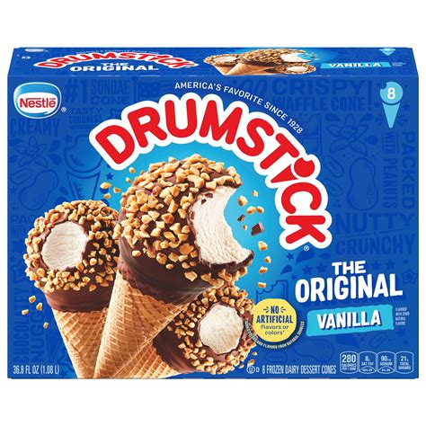Drumstick ice cream cones. One 4-count box of Drumstick Original Vanilla Sundae Cones. Crispy sugar cone with creamy vanilla center and rich chocolatey coating with roasted peanuts. There is no substitute for the original Drumstick Sundae Cone, a timeless combination of waffle cone and chocolate-dipped frozen treat. The original sundae cone, Drumstick is proud to be ... 