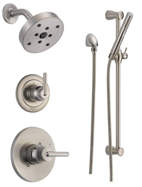 Delta DSS-Emerge-26R-1401 Features: Shower Package Includes: Emerge shower column, shower head, hand shower, shower trim and rough-in valve. Covered under Delta's limited lifetime warranty. Pressure balanced valve trim - single cartridge controls the temperature of the water and the on/off function. 1 lever style handle.