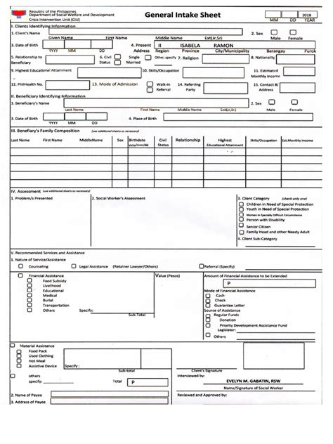 Dswd form general intake sheet.  DSWD General Intake Sheet Form The document is an inta...
