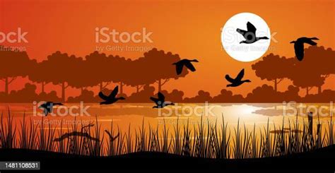 Duck Or Teal Birds Flying Over The Lake Grass Mountain And