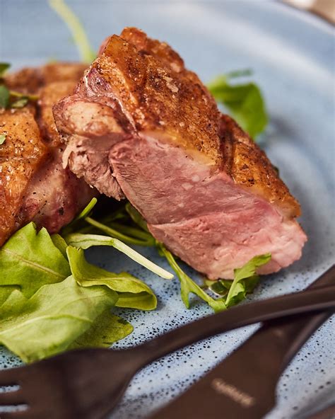 Duck breast. 3. Start a pan cold, put the meat on skin side down, then turn to medium heat. 4. Render the meat side for about 10-15 minutes, till the skin is crispy. 5. Dump out some of the fat rendered. 6. Put the duck back in the pan, meat side down, cook about 5-7 minutes med heat - like a nice steak. 7. 