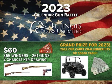 Ducks unlimited calendar gun raffle 2023. IllinoisDucks Unlimited. The auctions and raffles posted below are currently being held by Illinois DU. For all drawings listed you need not be present to win unless otherwise noted. Participants must be 18 years of age or older to purchase and win. Winners are responsible for any applicable fees and taxes. Winners of a firearm must be able to ... 