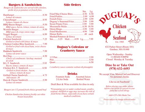  Duguay's Fried Chicken in Gardner, MA 01440. View menu, hours, reviews, phone number, and the latest updates for our Seafood Chicken restaurant located at 632 Parker St. . 