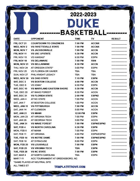 Duke Blue Devils Basketball Schedule Examples and Forms