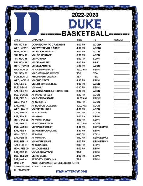 Duke basketball schedule pdf. Here’s a look at Duke’s entire schedule: Duke’s can’t-miss basketball game. Duke’s Nov. 10 game with Arizona jumps off the schedule page for a variety of reasons. First, it’s a sign of ... 