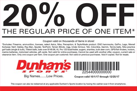 Offers like Enjoy 30% Off off selected goods at Dunham's Sports don't come around every day. Dunhams Sports provides Enjoy 30% Off off selected goods at Dunham's Sports in October. Promotions are valid now. Others who use Coupons saved on average $19.97. Don't forget to check the expiration date of Coupon Codes so you don't miss it.. 
