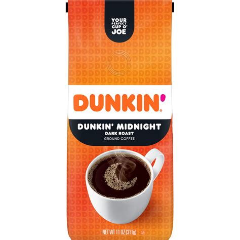 Dunkin midnight coffee. Contains six (6) bags of Dunkin’ Midnight Dark Roast Ground Coffee, 18.4 Ounce. Dark roast coffee with rich, full-bodied flavor. Made with Arabica coffee, Naturally Caffeinated. Pre-ground coffee ready to brew with virtually any coffee maker. Enjoy the great taste of Dunkin’ at home. We aim to show you accurate product information. 