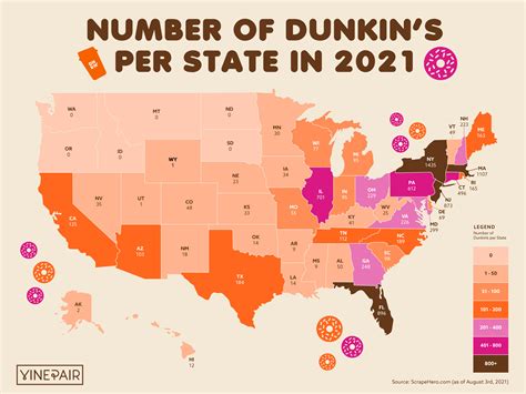 Feb 19, 2021 · There are a total of 9,394 Dunkin Donuts locations in the United States. It operating in 45 States and 2,877 Cities. The top state, which has the most number of Dunkin Donuts locations is New York. It has 1,478 Dunkin Donuts locations, which is 15% of all Dunkin Donuts in America. Due to COVID-19, some of the locations may be temporarily closed. . 
