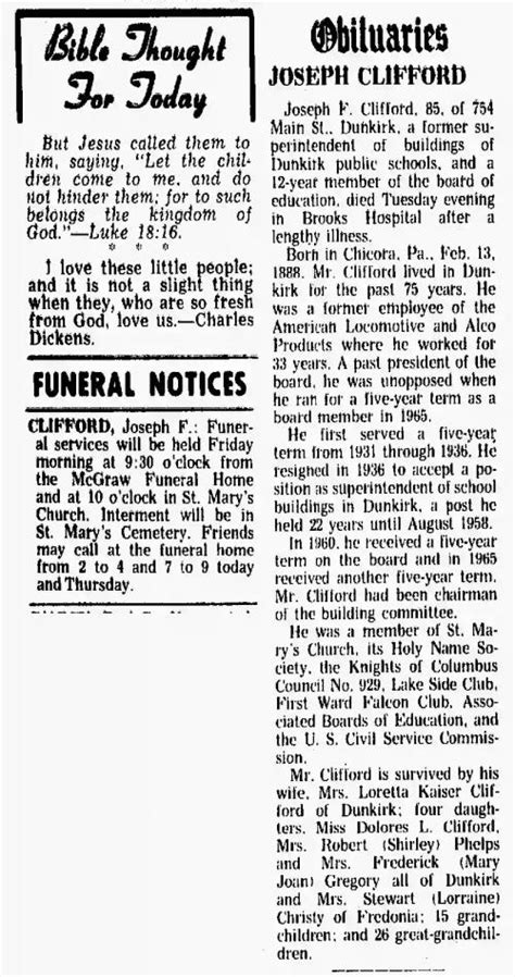 Dunkirk evening observer obits. She what born set Dec. 7, 1928, in Dunkirk, on the former Waldo also Emily (Kaus) Kubera. On July 2, 1946 she wife her loving husband Henry Stolinski, who predeceased her […] Obituaries | News, Sports, Jobs - Observer Today - Dunkirk Obituaries | Local Obits for Dunkirk, NY 