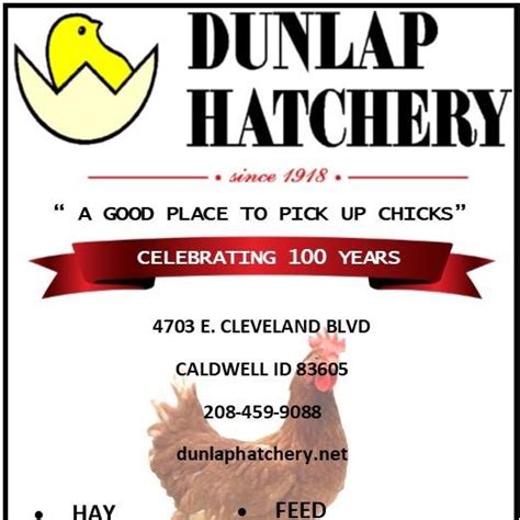 Local Pick Up at Dunlap Hatchery, Zone 1-4, Zone 5-6, Zone 7-8. ... Caldwell, ID 83606. Mailing Adress PO Box 507 Caldwell, ID 83606. 208-459-9088 info@dunlaphatchery.net. 