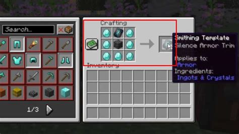 Duplicate silence armor trim. This crafting recipe to duplicate smithing templates requires: 1 Silence Armor Trim 1 Cobbled Deepslate 7 Diamonds 