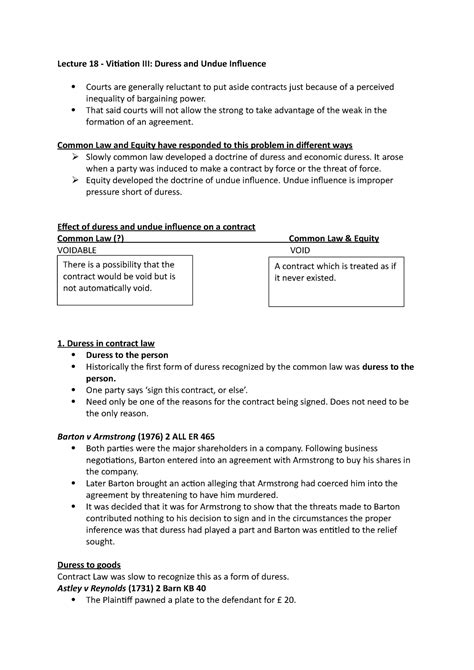 Duress and Undue Influence - ESSAY PLAN—Duress and Undue