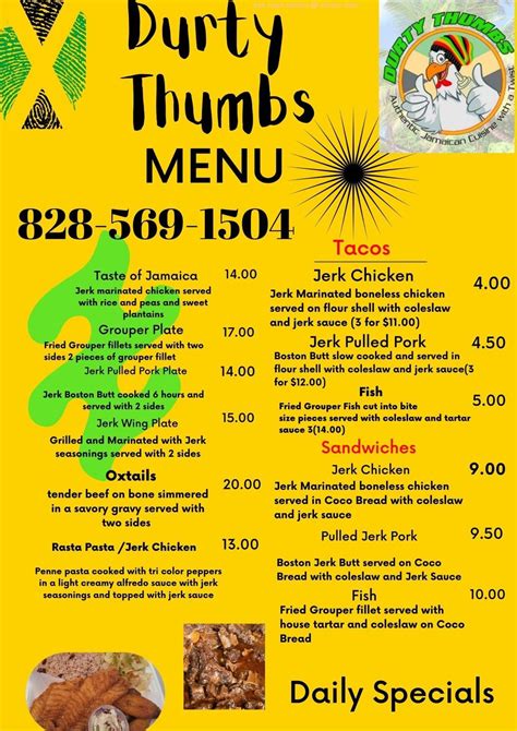 Durty thumbs jamaican cuisine hickory menu. There are 2 ways to place an order on Uber Eats: on the app or online using the Uber Eats website. After you’ve looked over the Hummingbird Jamaican Cuisine menu, simply choose the items you’d like to order and add them to your cart. Next, you’ll be able to review, place, and track your order. 