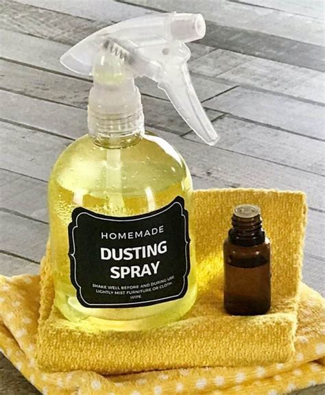 Dusting spray. Instructions: Mix the distilled water and white vinegar or Witch Hazel in a spray bottle. Add the olive oil or vegetable oil to the mixture. If desired, add 10-15 drops of your chosen essential oil for fragrance and additional cleaning properties. Close the spray bottle and shake well to ensure all ingredients are thoroughly mixed. 
