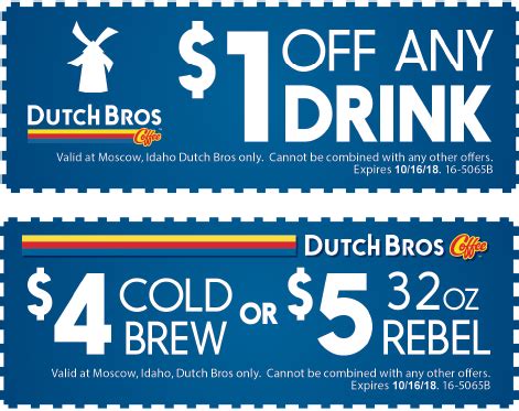 Dutch bros coupon. 7 curated deals & coupons from Dutch Bros. Coffee tested & verified by our team daily. Get 10% off sitewide. Free shipping offer available. ... All of Dutch Bros. Coffee is handcrafted, from the roasting process to grinding and pulling the coffee. Youll love all the specialty espresso drinks, smoothies, teas, and more from Dutch Bros. Coffee ... 