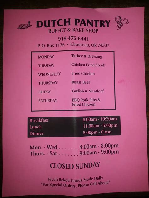 Dutch pantry chouteau menu. Oct 28, 2018 · They’ve been serving their Amish specialties since 1986 and it’s everything you’ve dreamed of. Take a look: Dutch Pantry is open six days a week (closed on Sundays) and is located at 10 West Main Street in Chouteau. This small town eatery is a local favorite for residents and travelers passing by on the nearby highway. 