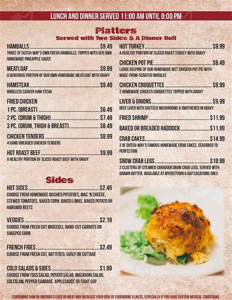 Dutch-way family restaurant - myerstown menu. Menu; Sign In or Create Account; Dutch-way Farm Market (Myerstown) 649 E Lincoln Ave, Myerstown, PA 17067 Hours Mon - Saturday: 7am - 9pm Sunday: Closed. Contact 717-866-5758; 717-866-5758; http ... Restaurants; Dutch Belted Cows; Protocols; Our Family of Farms; 