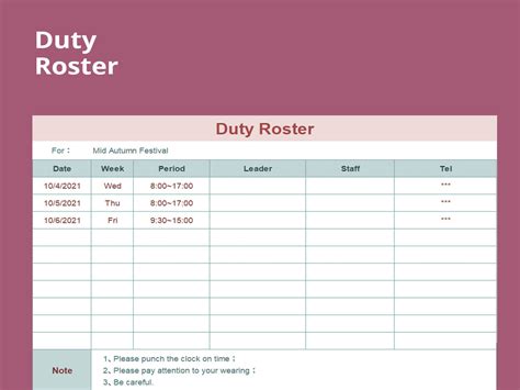 Duty roster format in excel free download