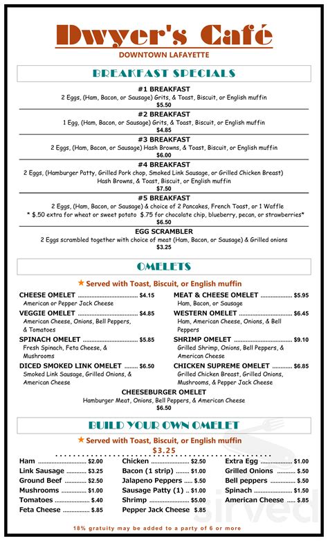 Dwyer's menu. Dwyer's Cafe menu has been digitised by Sirved. The menu for Dwyer's Cafe may have changed since the last user update. Sirved does not guarantee prices or the availability of menu items. Customers are free to download these images, but not use these digital files (watermarked by the Sirved logo) for any commercial purpose, without prior written ... 
